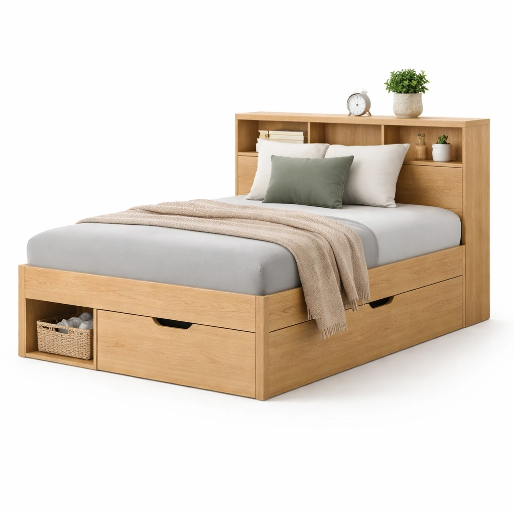 Bett mit Stauraum und Kopfteilregal Eiche Natur-kenvorio